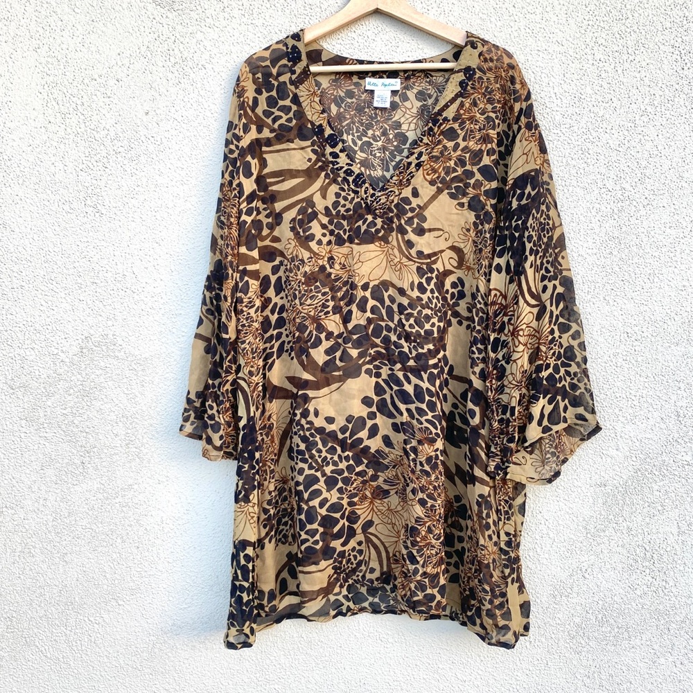 ULLA POPKEN tunic BLOUSE leopard print floral sheer top v-neck plus size shirt